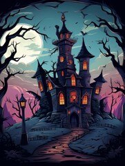 Cartoon haunted house on hill on night with full moon. AI