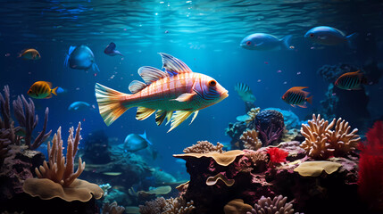 a fish swimming in a large aquarium filled with corals and other marine life