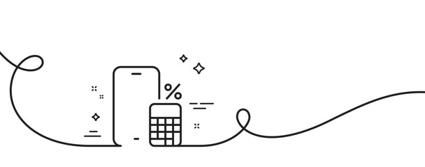 Phone calculator line icon. Continuous one line with curl. Smartphone app sign. Cellphone mobile device symbol. Phone calculator single outline ribbon. Loop curve pattern. Vector