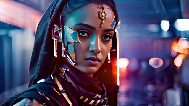 Beautiful Neon Lit Cyberpunk Woman with a Cybernetic Implants. Fantasy / Historic / Horror Character Portrait. Graphic Novel, Video Game, Anime, Comic Book, or Manga Animated Background / Wallpaper.