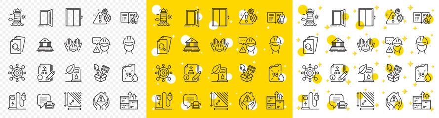 Outline Petrol station, Lounge place and House protection line icons pack for web with Builder warning, Brush, Charging station line icon. Petrol canister, Open door, Foreman pictogram icon. Vector