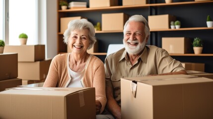 Happy retired couple moving from apartment to new house, packing and unpacking things into boxes for movers - obrazy, fototapety, plakaty