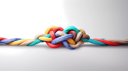 a group of multi colored ropes connected together with a knot on a gray background with a white background and a gray background