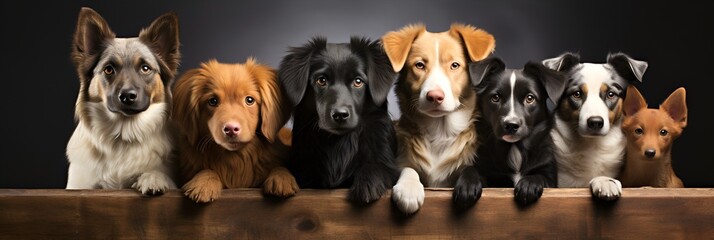 Group of dogs sitting against black background