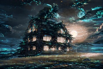 Painted abstraction of a dark house in night