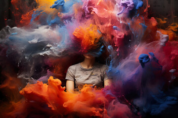 Fototapeta premium Black and white girl with colorful thoughts exploding like smoke and paint