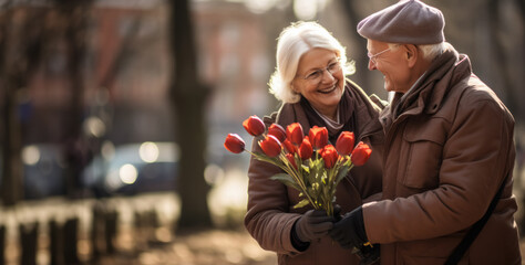 An elderly couple dating in a spring city park, an image of an elderly loving couple. Valentine's Day greeting idea, senior community positive life concept and active life longevity - obrazy, fototapety, plakaty