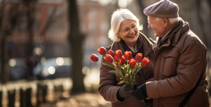 An elderly couple dating in a spring city park, an image of an elderly loving couple. Valentine's Day greeting idea, senior community positive life concept and active life longevity