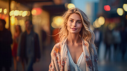 Fototapeta premium Attractive young blond Caucasian woman on busy evening city street full of people