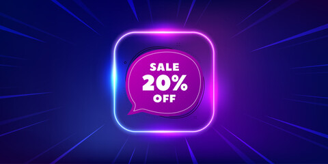 Sale 20 percent off bubble banner. Neon light frame offer banner. Discount sticker shape. Coupon badge icon. Sale bubble promo event flyer, poster. Sunburst neon coupon. Flash special deal. Vector