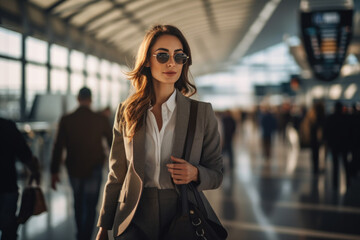 Obraz premium Portrait of young female traveler holding a suitcase in the airport. Business woman traveling by plane