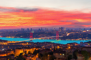 The Bosphorus Bridge or the 15 July Martyrs Bridge, sunset Istanbul, Turkey