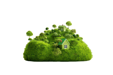 green hill with house and tree on transparent background, png file