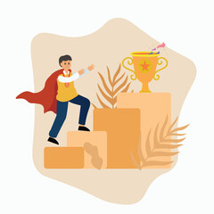 Businessman is about to reach to his goal , young man standing with business award , male holding a victory trophy prize , Win contest Illustration