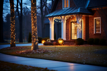 christmas decorated beautiful american house, illuminated with outdoor led light strings - 671192695