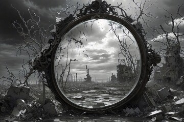 A round mirror in a ruined area, abstraction - Powered by Adobe