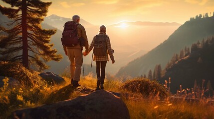 A senior tourist couple with backpacks hiking in nature at sunset, holding hands. - obrazy, fototapety, plakaty