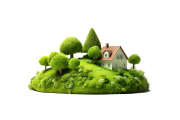 green hill with house and tree on transparent background, png file