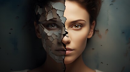 Split personality with two faces. Bipolar disorder as woman with rapid emotions, mood and feelings change. Psychological problems, like schizophrenia, depression and anxiety. - obrazy, fototapety, plakaty