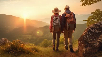 Poster A senior tourist couple with backpacks hiking in nature at sunset, holding hands. © Ahtesham
