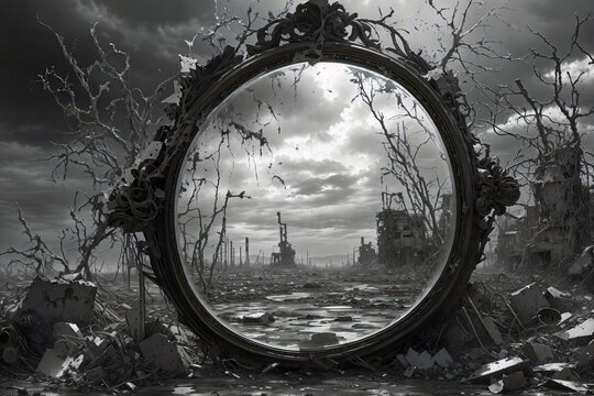 A round mirror in a ruined area, abstraction