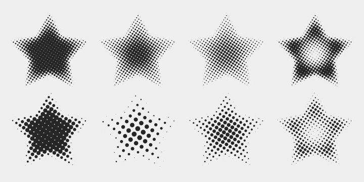 Abstract random black gradient halftone star textures isolated on a white background. Geometric vector shape elements pattern for presentation design. Fit for poster, collage, or advertising