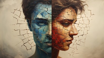 Split personality with two faces. Bipolar disorder as woman with rapid emotions, mood and feelings change. Psychological problems, like schizophrenia, depression and anxiety. - obrazy, fototapety, plakaty