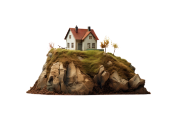 cliff with house and tree on transparent background, png file