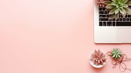 hero image or banner with a laptop computer, smartphone, air plant, open notebook, and feminine accessories on a bright blush background, home office scene