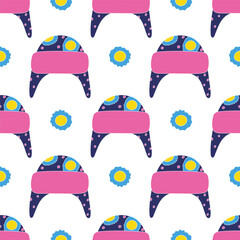 Winter children s hat. Seamless illustration. Design for fabric, wrapping paper or wallpaper
