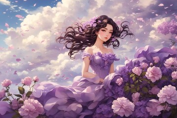 Fototapeta na wymiar A woman in a purple dress with flowers in her hair