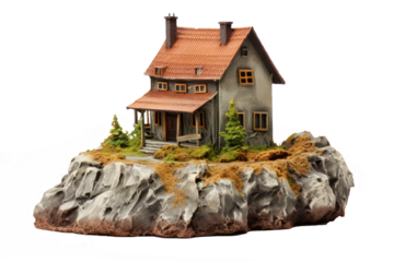 green hill with house and tree on transparent background, png file