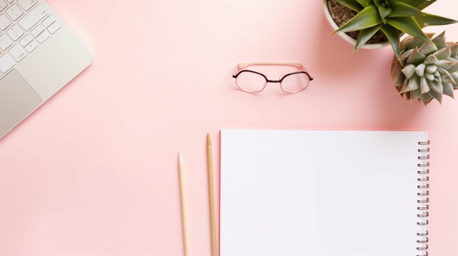 hero image or banner with a laptop computer, smartphone, air plant, open notebook, and feminine accessories on a bright blush background, home office scene