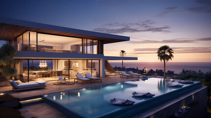 a modern house with a pool and lounge chairs at dusk time