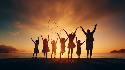 Silhouette Happy family people group celebrate jump for a good life on weekend concept for win the victory, person faith in financial freedom healthy wellness