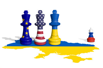 Chess made from EU, USA, Ukraine and Russia flag on a Ukraine flag map.