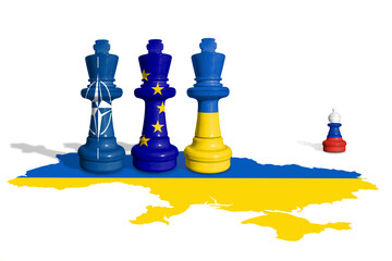 Chess made from EU, Ukraine and Russia flag on a Ukraine flag map.