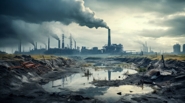 Environmental devastation concept, post-apocalyptic landscape destroyed by industry and exhalations