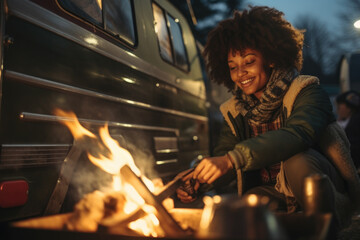 Fototapeta na wymiar Afro-American woman preparing fire next to her camper car.