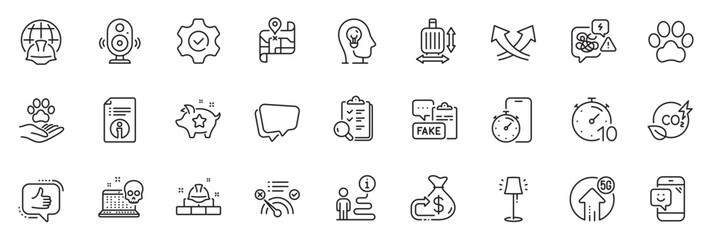 Icons pack as Cashback, Intersection arrows and Inspect line icons for app include Smile, Support, Speech bubble outline thin icon web set. Technical info, Dog paw, Fake document pictogram. Vector
