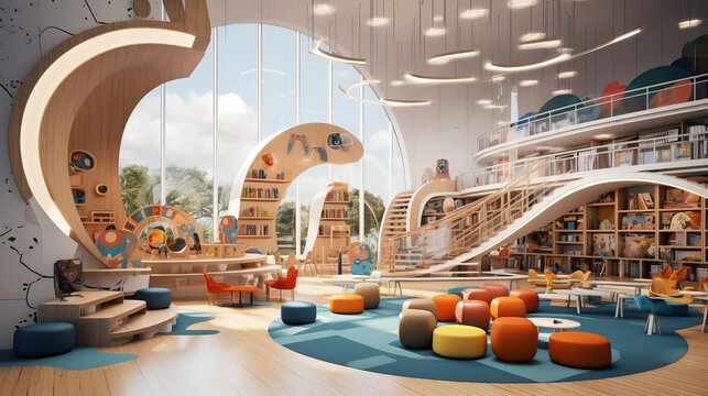 A modern library with a dynamic children's section, vibrant reading nooks, and engaging learning spaces, cultivating a passion for reading and lifelong Learning