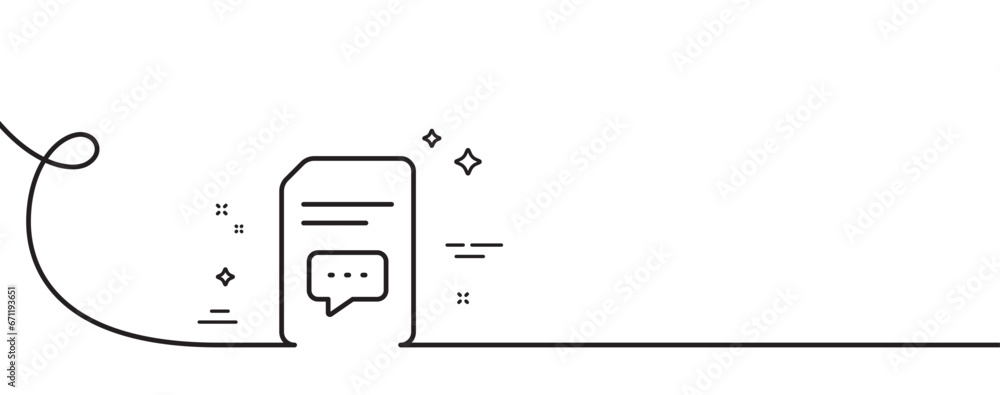 Poster document with comments line icon. continuous one line with curl. information file with speech bubble