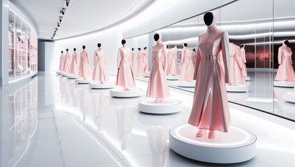 Futuristic Store with Pink Dresses on Mannequins