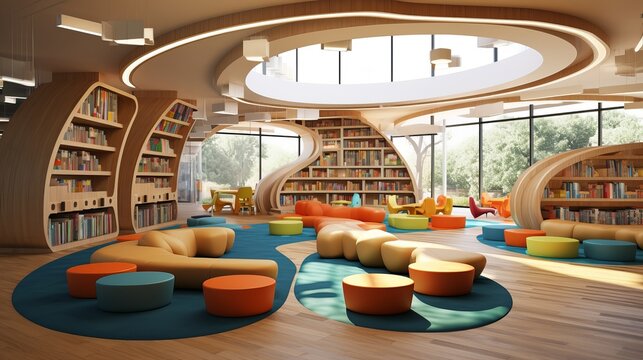 A modern library with a dynamic children's section, vibrant reading nooks, and engaging learning spaces, cultivating a passion for reading and lifelong Learning