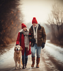 Loving family walking with their golden retriever dog on a snowy country road. Smiling woman and...
