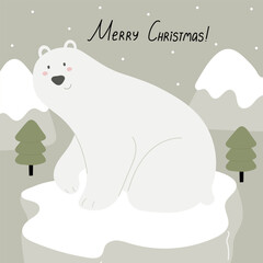Merry Christmas. Cartoon polar bear, hand drawing lettering. holiday theme. Colorful vector illustration, flat style. design for greeting cards, print, poster