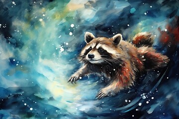 A raccoon in space flying through the galaxy