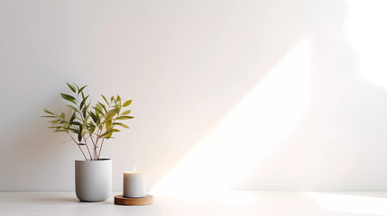 a table with a vase and two candles on it and a plant in the middle of the table with a white wall behind it