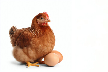 Young brown hen with eggs on white background. ai generative