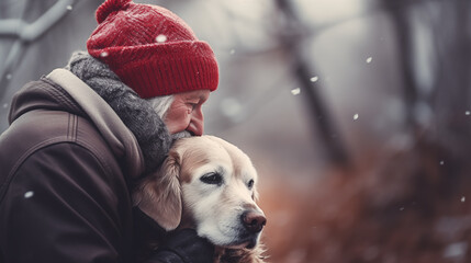 Loving old man hugging his golden retriever dog, outside on a snowy winter day. Elderly gentleman...